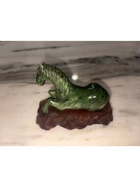 Vintage Chinese Carved Green Stone Resting Horse Figurine Custom Wood Base